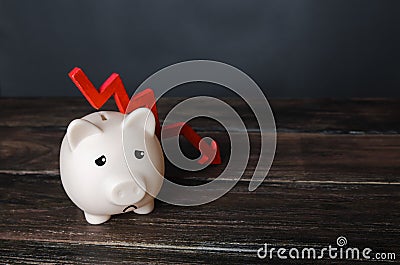 Sad piggy bank and down arrow. Savings and reserves decrease. Inflation, depreciation of assets. Falling income, lower wages. Stock Photo