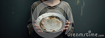 a sad poor boy holding a empty plate. hunger concept. poverty child. beggar, begging. Stock Photo