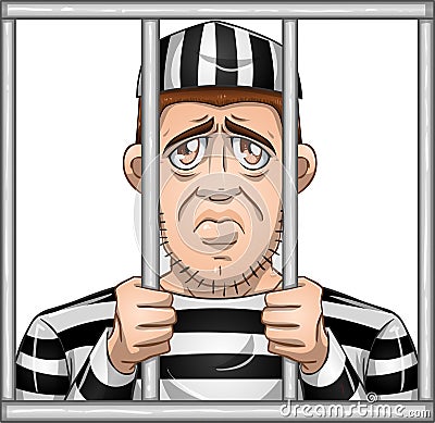 Sad Prisoner Behind Bars Vector Illustration