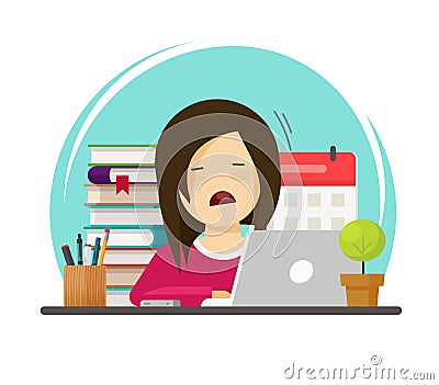Sad pupil or student person tired study of learning vector illustration, flat cartoon woman or girl character stressed Vector Illustration