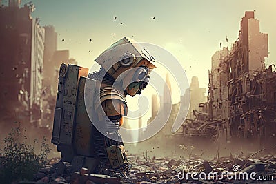 sad robot going through city and seeing its ruined buildings Stock Photo