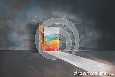 Sad room with a door opening to colorful and happy landscape, concept for hope, remission, optimism - AI Generated Stock Photo