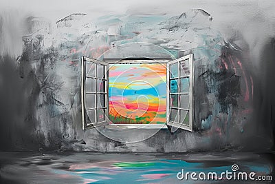 Sad room with a window opening to colorful and happy landscape, concept for hope, remission, optimism - AI Generated Stock Photo