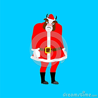 Sad Santa Bull Emoji. sorrowful Santa. Cow Christmas avatars Vector Illustration