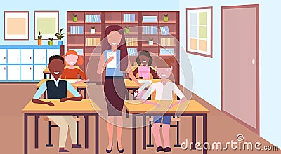 Sad schoolgirl holding test with f grade bed result concept teacher with mix race pupils modern school classroom Vector Illustration