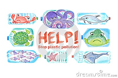 Sad sea animals in plastic bottles are unhappy with ocean pollution. Cartoon Illustration