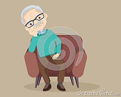 Sad Senior man sitting alone on sofa Vector Illustration