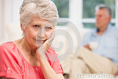 Sad senior woman after arguing with husband Stock Photo