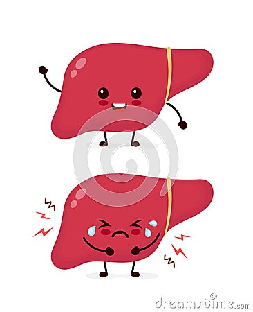 Sad sick cry and healthy strong cute liver Vector Illustration