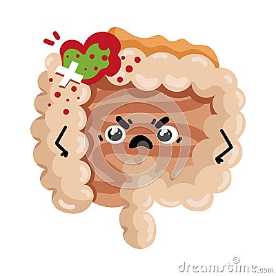 Sad sick intestine cartoon character Vector Illustration