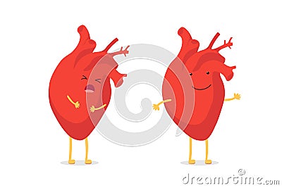 Sad sick unhealthy cry vs healthy strong happy smiling cute heart character. Medical anatomic funny cartoon human Cartoon Illustration