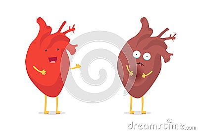Sad sick unhealthy vs healthy strong happy smiling cute heart character. Medical anatomic funny cartoon human internal Vector Illustration
