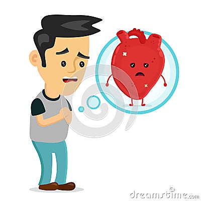 Sad sick young man with heart disease problem Vector Illustration