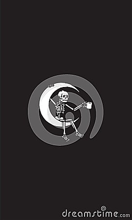 Sad skeleton, drinks a drink while sitting for a month. Abstract black and white illustration Vector Illustration