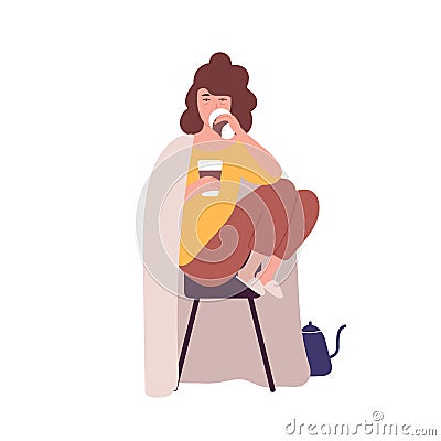 Sad sleepy young woman drinking coffee. Concept of caffein dependence or addiction, abnormal behavior. Mental illness Vector Illustration