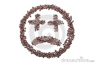 Sad smiley from coffee beans, isolated on white background Stock Photo