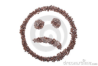 Sad smiley from coffee beans, isolated on white background Stock Photo