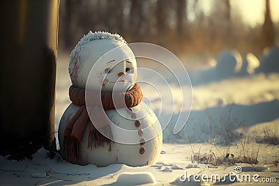 Sad snowman melts in park with arrival of spring. Snowman in the rays of warm spring sun. Grass under snow. 3d illustration Cartoon Illustration