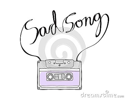 Sad song Compact Cassette or Musicassette hand drawn , cassette Vector Illustration