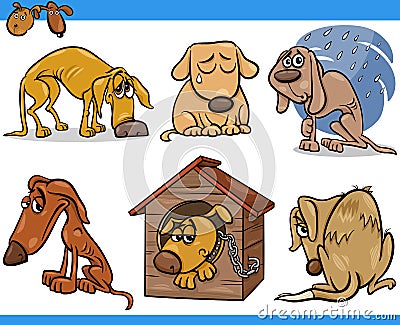 Sad stray dogs cartoon illustration set Vector Illustration