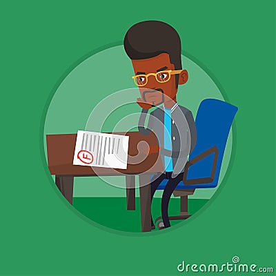 Sad student looking at test paper with bad mark. Vector Illustration