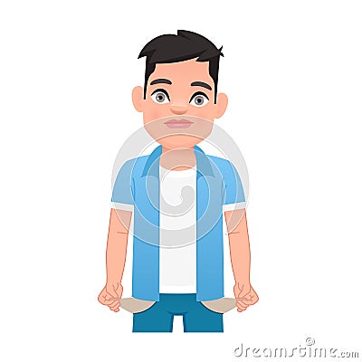 A sad, surprised child with empty pockets. A little boy with no money. No money. A guy with his pockets turned out Vector Illustration