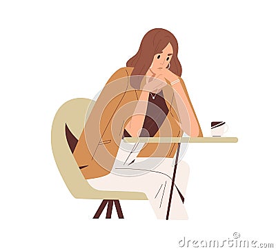 Sad thoughtful woman sitting at table in cafe. Unhappy pensive person thinking about problems and troubles. Anxious Vector Illustration