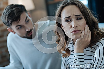 Sad thoughtful woman thinking about her relationships Stock Photo