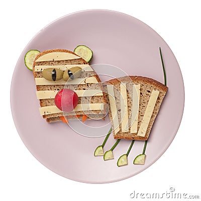 Sad tiger made of cheese and bread Stock Photo