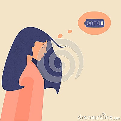 Sad tired Asian woman with a discharged battery in the thoughts. Depressed unhappy female character in depression, sorrow. Vector Illustration