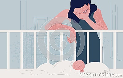 Sad tired woman leaning over newborn baby sleeping in crib and covering face with hand. Concept of postpartum or Vector Illustration