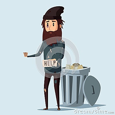 Sad unemployed beggar. Cartoon vector illustration Vector Illustration