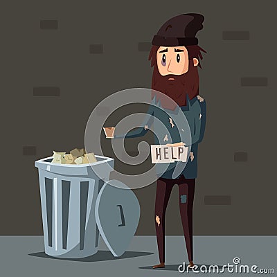 Sad unemployed beggar. Cartoon vector illustration Vector Illustration