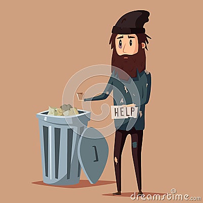 Sad unemployed beggar. Cartoon vector illustration Vector Illustration