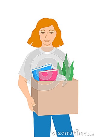 Sad unemployed fired girl holds box with stuff Vector Illustration
