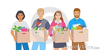 Sad unemployed fired people hold boxes with stuff Vector Illustration