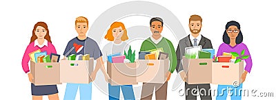 Sad unemployed fired people hold boxes with stuff Vector Illustration