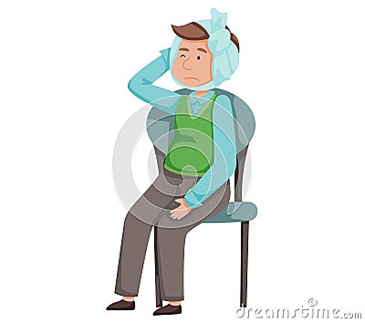 Sad unhappy boy with suffering face expression holding head with hand waiting for medical help Vector Illustration