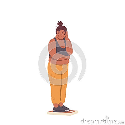 Sad unhappy obese overweight woman standing on scale having weight problems feeling stressed Vector Illustration