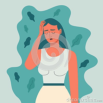 Sad, unhappy girl, depression concept, flat vector illustration. Depressed, unhappy girl. Mental health Vector Illustration