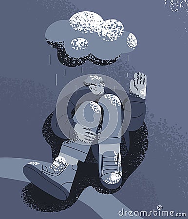 Sad unhappy person in depression and despair under cloud and rain. Loneliness, bad gloomy mood, sadness and pessimism Vector Illustration