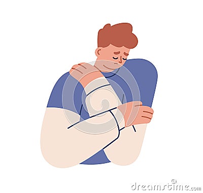 Sad unhappy person feeling lonely and depressed. Upset man in grief and sorrow, hugging himself. Guy with negative Vector Illustration