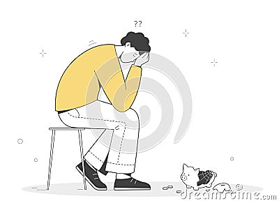 Sad unhappy young man with broken empty piggy bank. Crisis economic and finance loss Vector Illustration