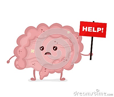 Sad unhealthy sick Intestine with nameplate Vector Illustration