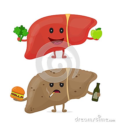 Sad unhealthy sick liver with bottle Vector Illustration
