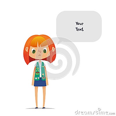 Sad or upset redhead teenage girl scout wearing vest with colorful badges and patches and speech balloon with place for Vector Illustration