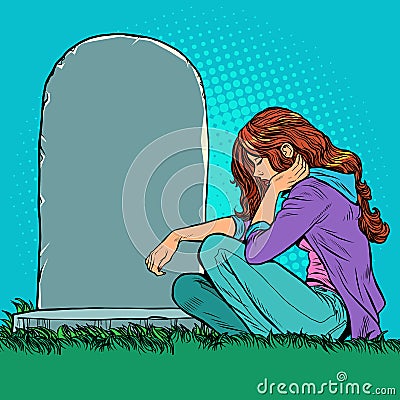 A sad widow or daughter near a grave in the cemetery. Memorial day, veteran father or husband. Vector Illustration