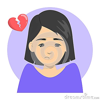 Sad woman and broken heart above. Idea of divorce Vector Illustration