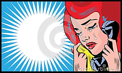 Sad Woman cry and talking with phone pop art illustration social media symbol Cartoon Illustration