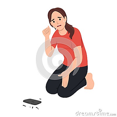 Sad woman crying because of broken mobile phone on floor. Stressed girl, smartphone with broken screen flat vector illustration. Vector Illustration